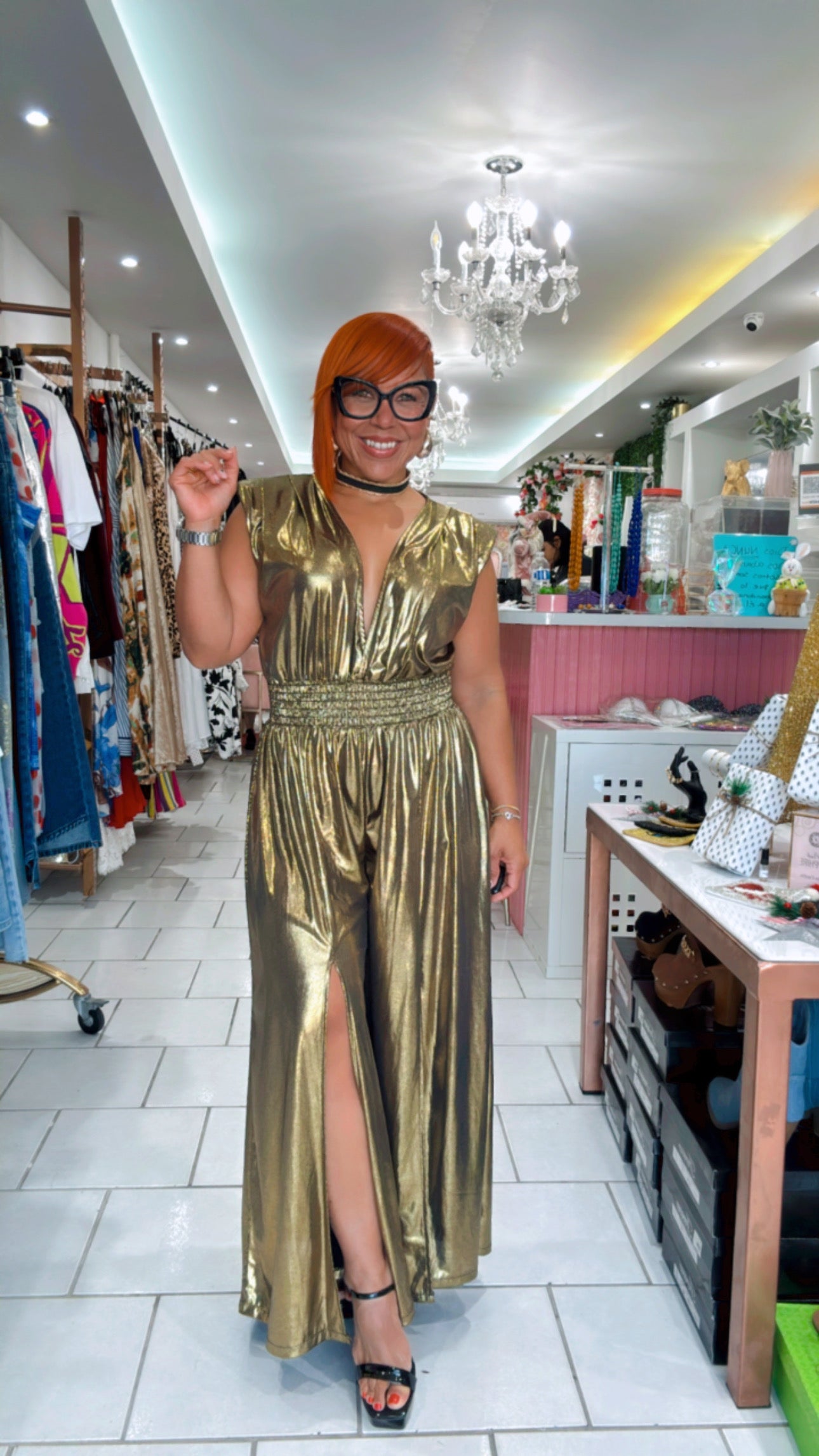 Golden Shine Metallic Plunge Wide-Leg Jumpsuit