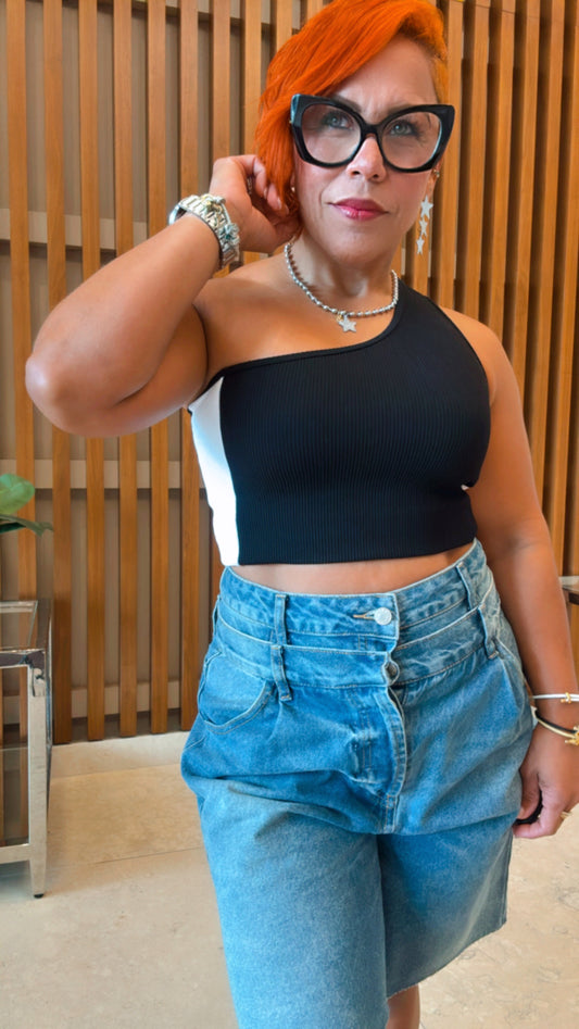 One Shoulder Black & White Basic Top