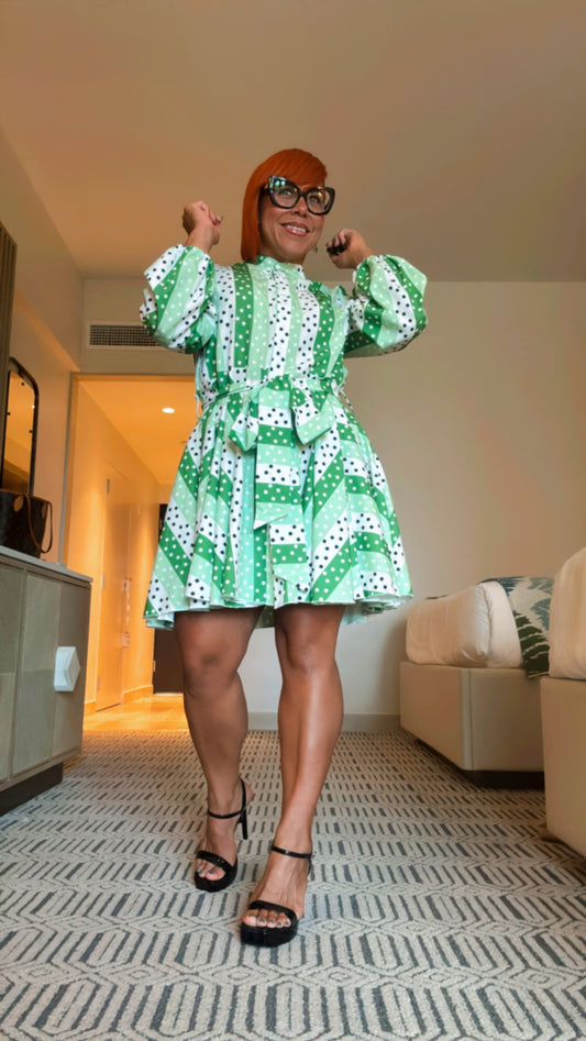 Green Striped Polka Dots Short Dress
