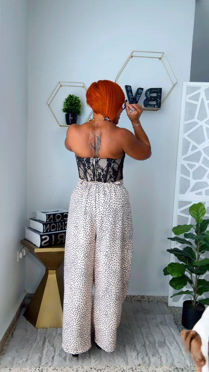 Polka Dots Splash Barrel Pant - Beige w/ Black Polka Dots