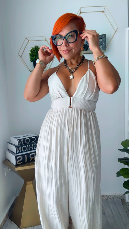 Simple Beige V Neck Backless Linen Jumpsuit Sleeveless