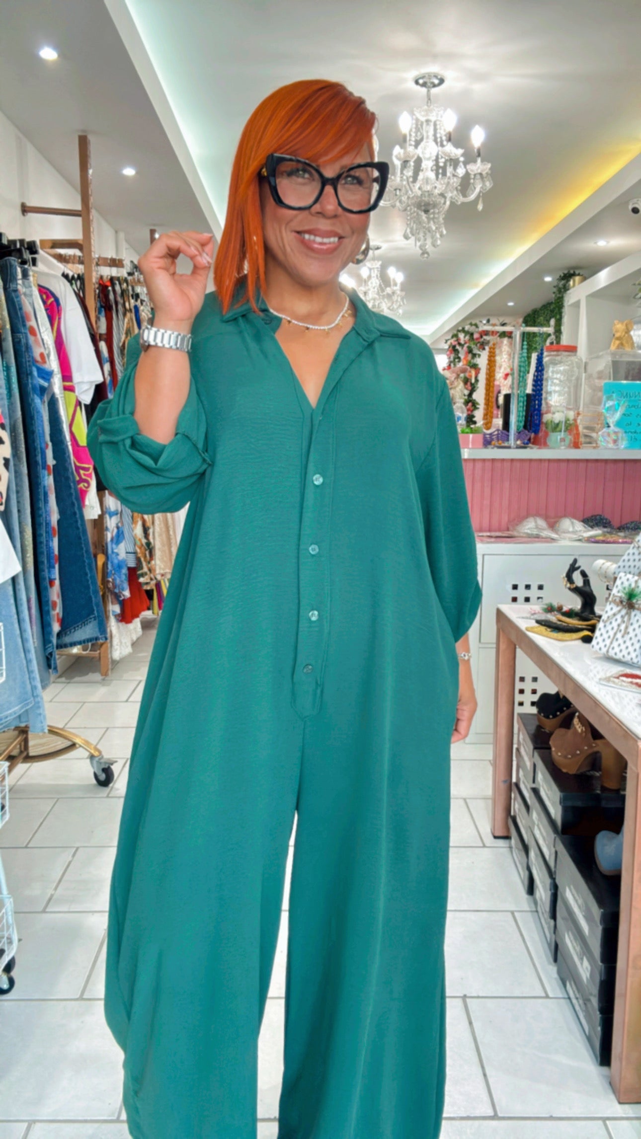 Emerald Chic Oversized Button-Up Jumpsuit