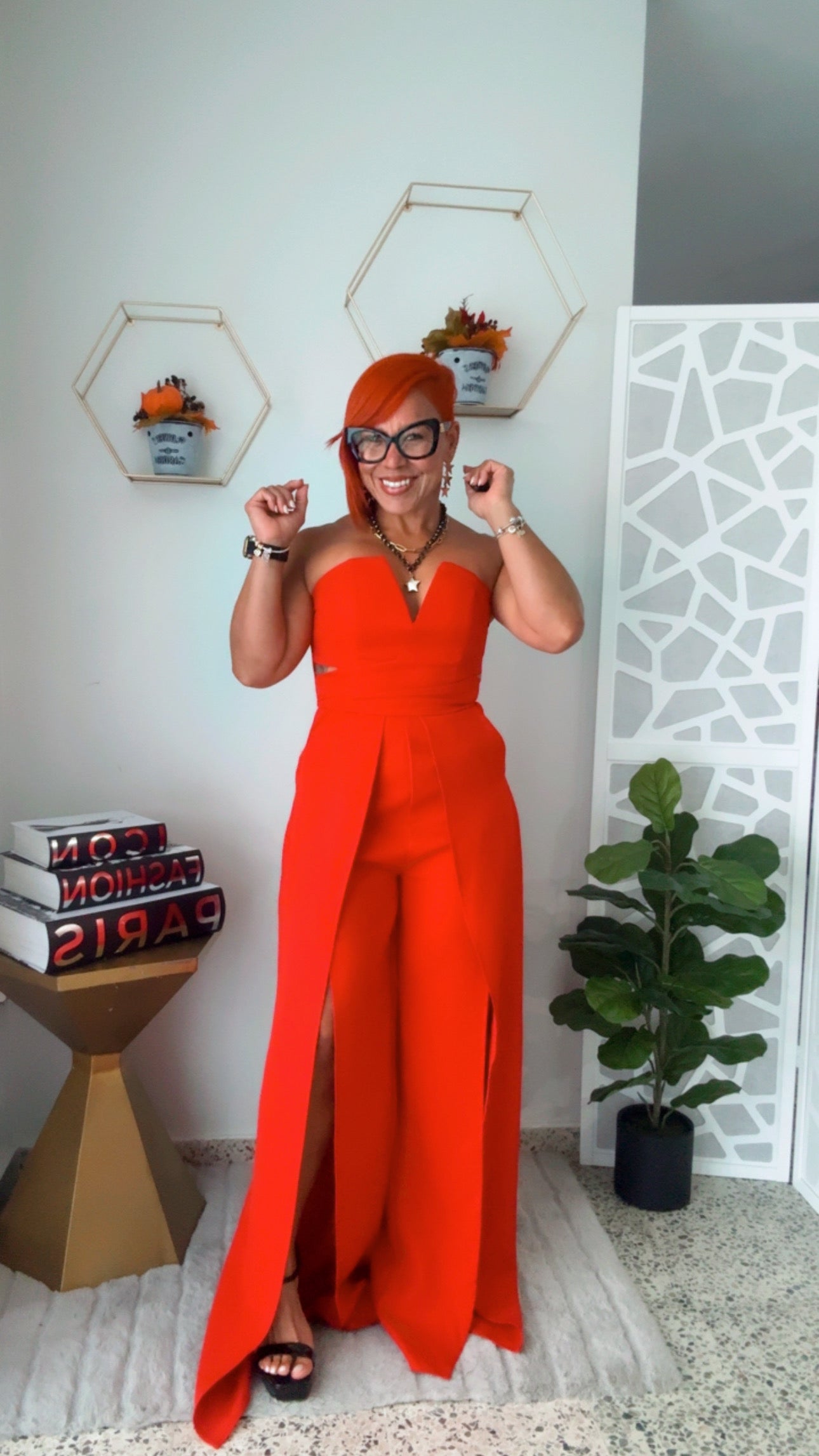 Red Jumpsuit with Cut-out Leg