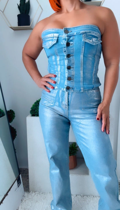 Metallic Silver Denim Bustier