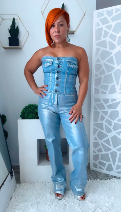 Metallic Silver Denim Bustier