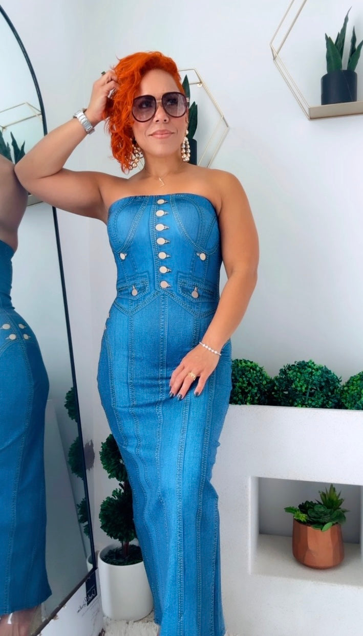 Denim on Lycra Strapless Midi Dress