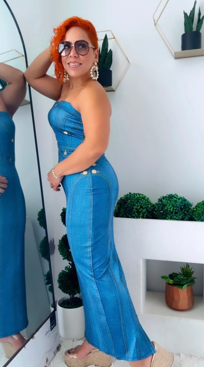 Denim on Lycra Strapless Midi Dress