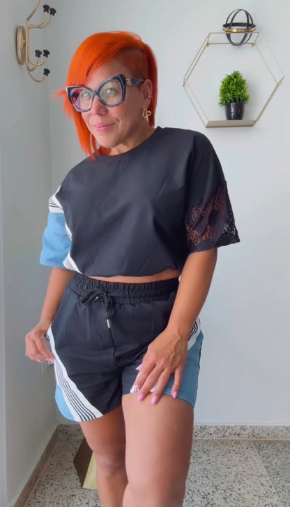 Denim & Black Contrast Short Travel Set with Lace on Sleeve