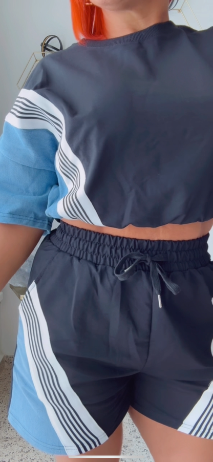 Denim & Black Contrast Short Travel Set with Lace on Sleeve
