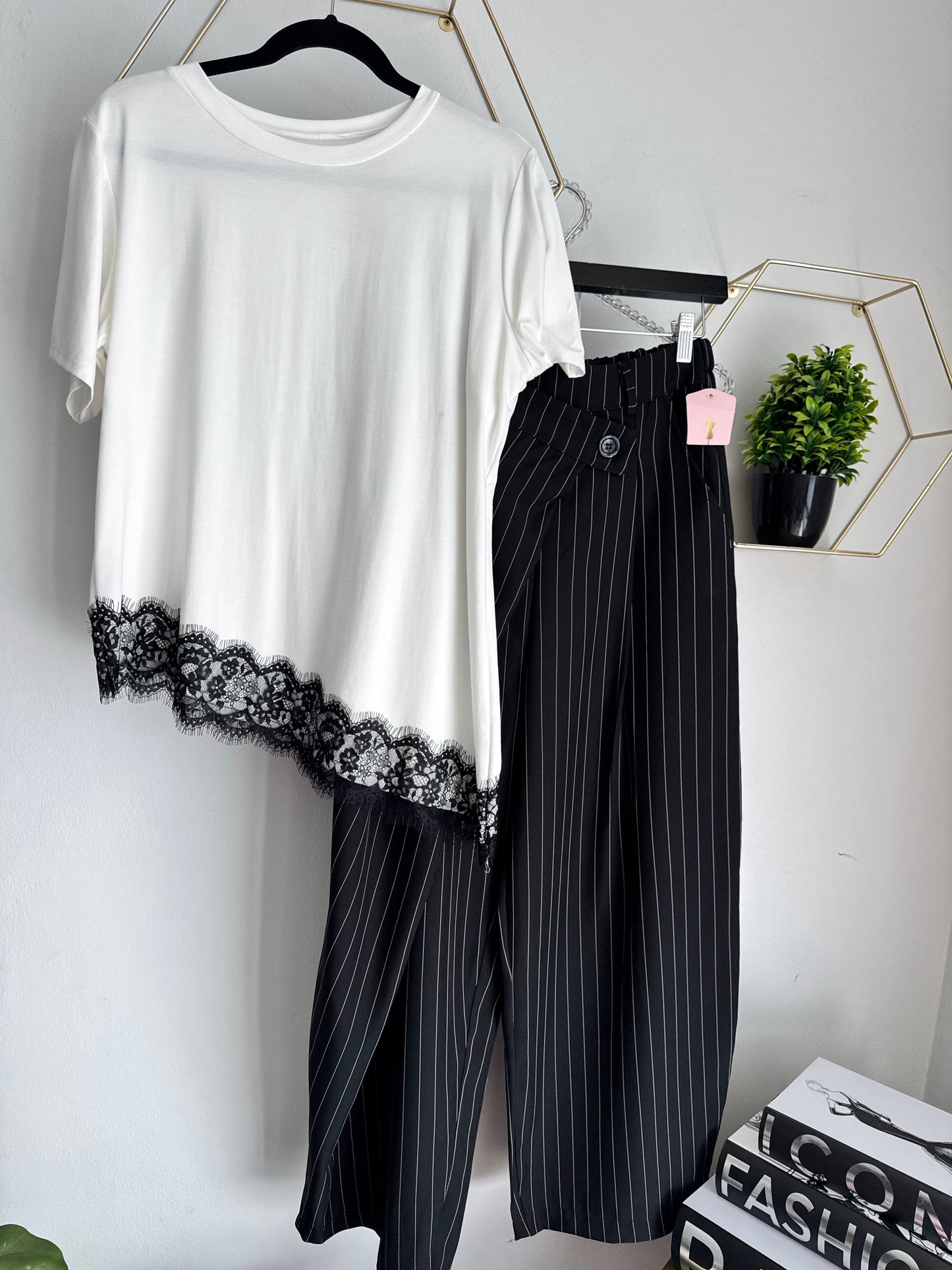 Asymmetric Trouser Pant - Black with White lines