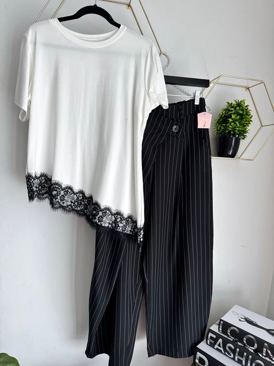 Asymmetric Trouser Pant - Black with White lines