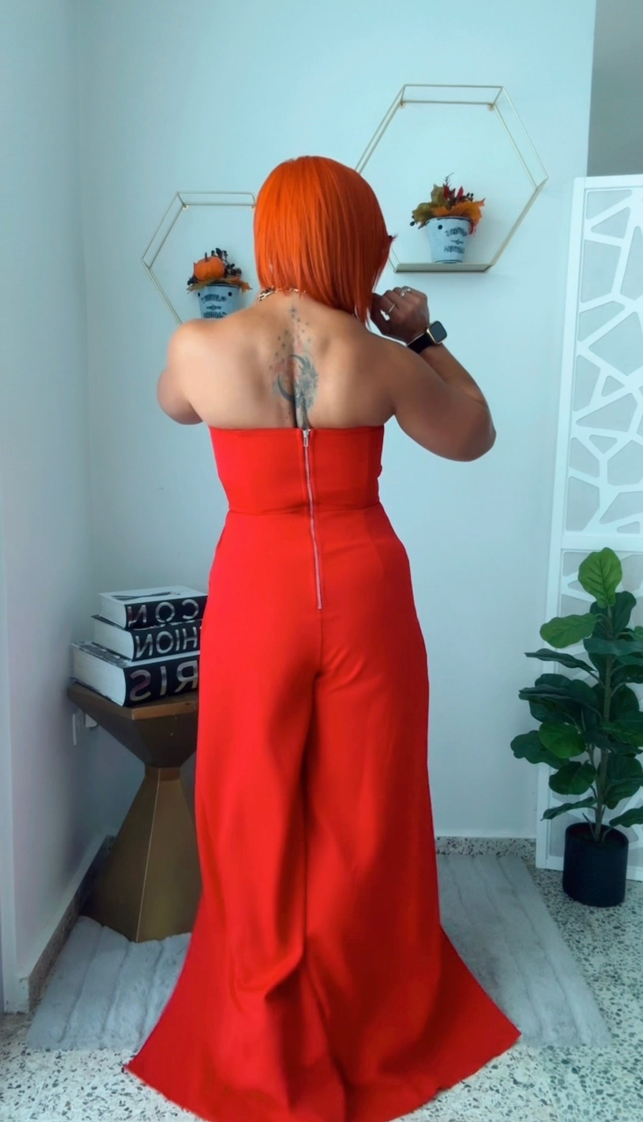 Red Jumpsuit with Cut-out Leg